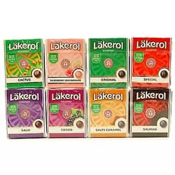 Lakerol Läkerol Sugar Free Pastilles 8-Flavor Variety: Cassis, Cactus, Original Herb Menthol, Special Menthol, Salty Caramel, Salmiak, Salvi, Raspberry Lemongrass 0.8-ounce Packages (Pack of 8) 0.88 Ounce (Pack of 8)