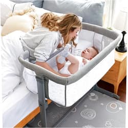 TCBunny 2-in-1 Baby Bassinet & Bedside Sleeper, Adjustable Portable Crib Bed for Infant/Newborn Baby, Grey (Mosquito Net Not Included)