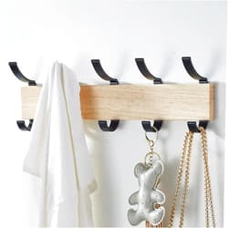 KooNiosio Solid Wood Wall Hanging Coat Rack, Entrance Hanger, Metal Wood Coat Hanger with 5 Black Aluminum Hooks for Scarf, Bag, Towel, Key, Umbrella, Hat, Oak (Black)