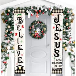 Tiamon Christmas Jesus Door Banner Porch Sign Jesus Is the Reason for the Season Religious Hanging Decorations Xmas Nativity Scene Black White Buffalo Plaid Banner Flag for Holiday Home Outdoor Wall