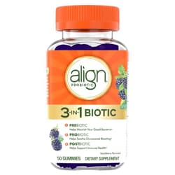 Align Probiotic, 3-in-1 Biotic Gummies, Prebiotic + Probiotic + Postbiotic, #1 Doctor Recommended Probiotic Brand‡, Helps Relieve Occasional Bloating*, BlackBerry Flavor, 50 Gummies