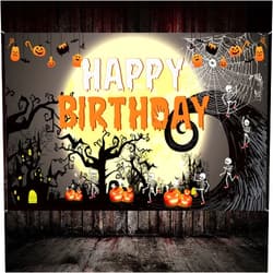 Famoby Happy Birthday Halloween Theme Fabric Sign Poster Banner Backdrop Halloween Pumpkin,Ghouls, bat,spide for Brithday Photo Booth Background Party Decoration