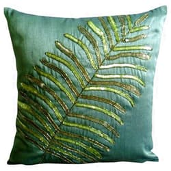The HomeCentric HomeCentric Decorative Dark Green 16x16 inch Silk Throw Cushion - Tropical Designer with Floating Leaf Pattern