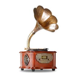 LuguLake Record Player Retro Turntable All in One Vintage Phonograph Nostalgic Gramophone for LP with Copper Horn, Built-in Speaker 3.5mm Aux-in/USB