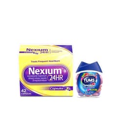 Nexium 24HR Capsules Heartburn Medication Esomeprazole Magnesium 42 ct, Tums Chewy Bites Assorted Berries Chewable Antacid Tablets 32 ct Bundle 42 Count (Pack of 1)