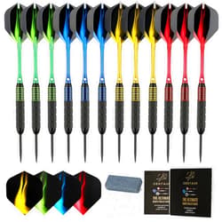 centaur 12 Pack Steel Tip Darts, Professional 22 Grams Metal Dart Set with Frosted PVC Shafts and 5 Style PET Flights and Dart Case, Silver & Black