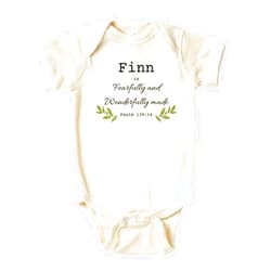 MangoHouse Personalized Baby Onesie® Fearfully and Wonderfully Made Custom Name Baby Outfit for Baby Gift for Baby Shower Gift for Todder Tshirt for Kids (Short Sleeve White, 3-6m)