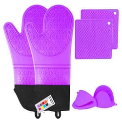MTZRFLL Silicone Oven Mitts and Pot Holders Sets, MTZRFLL Extra Long Heat Resistant Oven Gloves with Hot Pads and Mini Oven Mits Set for Kitchen Cooking Baking, Soft Quilted Lining, Pack of 6 (Purple)