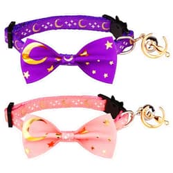 Stpiatue 2 PCS Breakaway Cat Collar with Bow Tie and Bell Golden Moon Glowing Star in The Dark for Kitten(Purple&Pink)
