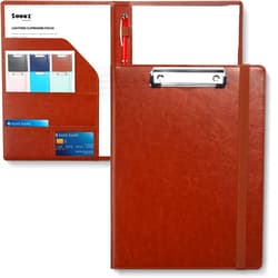 Sooez Padfolio Clipboard, Portfolio Organizer with Notepad, Premium PU Leather Clipboard Folder for Legal Pad, Versatile Clipfolio with Storage, Letter Size Document Holder for School Office, Brown