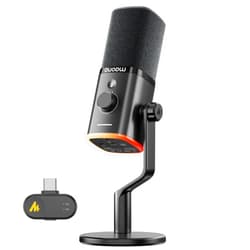 MAONO PD100W USB Wireless Microphone for PC, Gaming Streaming Dynamic Mic with One-Click Noise Reduction,Mute Button,Custom RGB, 3.5mm Headphone Jack, Desktop Podcasting Mic for Computer Phone, Black