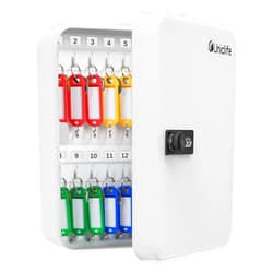 Uniclife 28-Key Steel Key Cabinet with Combination Lock Wall Mounted Key Organizer with Resettable Code White Digital Security Box with Hooks and Large Key Tag Labels Identifiers in 5 Assorted Colors