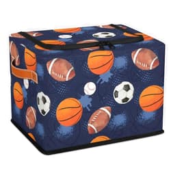 YoCosy Large Toy Box Collapsible Storage Bins with Lids Closet Storage Baskets for Organizing Shelves Nursery Toy Storage Organizer Boxes for Kids, Boys, Girls (Navy Blue Sport Basketball Soccer)
