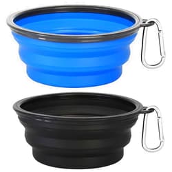 Kytely Large Collapsible Dog Bowl 2 Pack, 34oz Foldable Dog Travel Bowls, Portable Dog Water Food Bowl with Clasp, Pet Cat Feeding Cup Dish for Traveling, Walking, Hiking (Black+Blue)