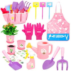 CUTE STONE Kids Gardening Set, Garden Toys with Metal Kids Rake, Shovel, Trowel, Watering Can, Gloves, Tote Bag, Gardening Kit for Toddlers, Outdoor Playset Spring Summer Toys for Girls Boys