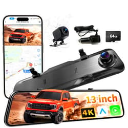 KOUENOM 2026 Ultrawide 13’’ 4K Rear View Mirror Camera with Carplay&Android Auto, 5.8GHz WiFi Smart Rearview Mirror with Voice Control/Split Screen, 64GB Card Included,Reverse Assist/Loop Record/G-Sensor