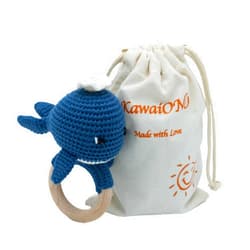 KawaiOnO Handmade Cotton Crochet Amigurumi Rattle - Educational Baby Stuff for New Moms, Stuffed Animals for Infants, Baby Boy Stuff - Blue Whale with Wooden Handle - Perfect for Newborns and Toddlers