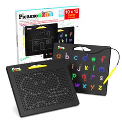 PicassoTiles 2-in-1 Magnetic Drawing Board Toy 12x10 inch Large Magnet Bead Tablet Pad with 2 Facings Alphabet STEM Free Style Educational Erasable & Reusable Learning Writing Playboard in Black PTB04
