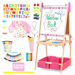 Bpmfkid 3-in-1 Adjustable Kids Art Easel with Magnetic Whiteboard, Chalkboard & 3 Paper Rolls, All-in-One Double Sided Wooden Painting Easel with Accessories for Toddlers and Kids Ages 3+