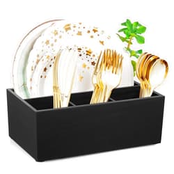 DRASTAR Paper Plate Dispenser, Wooden Utensil Caddy Organizer, Large Silverware Holder for Party, Black Paper Plate Organizer Caddy, Kitchen Utensil Caddy for Party Picnic Camping