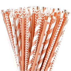 ALINK Biodegradable Rose Gold Paper Straws Bulk, Pack of 100 Metallic Foil Striped/Wave/Heart Straws for Birthday, Wedding, Bridal/Baby Shower, Christmas Decorations and Party Supplies