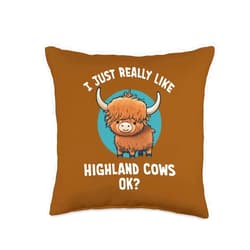 Presto Funny Cute Cartoon Highland Cow Teez Funny Cute I Just Really Like Highland Cows OK Cartoon Throw Pillow, 16x16, Multicolor