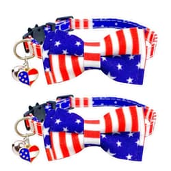 Casidoxi 2 Pack 4th of July Cat Collar Breakaway with Bell & Pendant, American Flag Bowtie Cat Safety Collars for Kitten