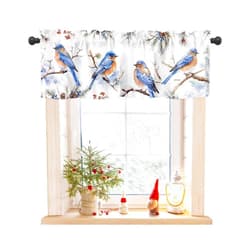 BUWOOGER Rod Pocket Window Valances Blue Robin Bird Berry Fir Leaves Short Kitchen Curtains Pine Cones Watercolor Oil Painting Art Window Treatment Drapes for Bedroom Bathroom Living Room 42x12In,1 Panel