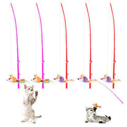 Cobee Cat Wand Toy Rat Replacement Feather Refills, 5 Pcs Cat Wand Toy with Mixed Color Cute Furry Mouse and Bells Refills Interactive Play Wand for Cats Kittens Training Exerciser Accessories