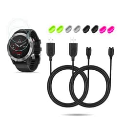 JIUJOJA 2Pack for Garmin Fenix 6/6 Pro/ 6 Sapphire/6 Solar Charging Sync Data Cable and 2Pcs Free HD Tempered Glass Screen Protector and 8pcs color Charger Port Protector for Smart watch