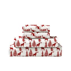 Brielle Home Flannel Sheet Set Cotton Soft Warm & Cozy Modern Chic with Elastic Deep Pockets, Full, Deers Red