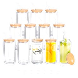 YOUKE OLA 12 Pack Pre Drilled Beer Glass Cups Can Shaped Blank Double Wall Glass Cans with Rubber Stopper Bamboo Lid & Straws for Snow Globe Glitter DIY 12oz