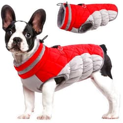 FUAMEY Dog Winter Coat - Warm Fleece Vest with Built-in Harness, Waterproof Windproof Reflective Snow Jacket for Dogs with Zipper, Red X-Small