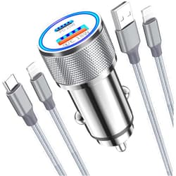 Veetone [Apple MFi Certified] iPhone Fast Car Charger, Veetone 38W Dual Port USB C Power Delivery All Metal Car Adapter with 2 Pack Lightning Braided Cable, PD/QC3.0 Quick Car Charging for iPhone/iPad/Airpods Grey