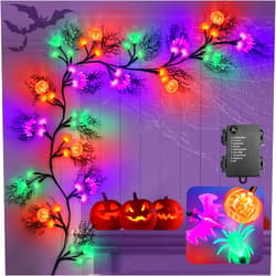 Aucurwen Halloween Garland with Lights(6ft), 8 Lighting Modes 54 LED Halloween Decorations Indoor with Pumpkin Bat Spider Lights, Remote Control & Timer Indoor Halloween Decorations for Room, Wall