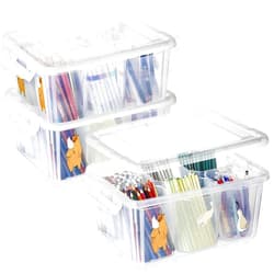 loobuu Plastic Storage Bins with Lids - 3 Pack Art Craft Supply Organizer Box with Brush Pot for Kids, 17 QT Stackable Clear Pen Container for Toy/Sewing/Comestic/Tool/Playdoh(15.93