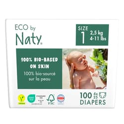 Eco by Naty Eco-Friendly Baby Diapers Newborn - 100% Plant-Based Materials on Skin, Extra Soft, for Sensitive Skin & Super Absorbent (Size 1, 100 Count)