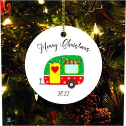 DOREENABE Ceramics Ornaments Merry Christmas Happy Camper Ornament Keepsake Christmas Camping Lover Xmas Camping Truck Tree Camper Gift Christmas Tree Hanging Accessories