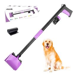 JELLAS 32 Inch Pooper Scooper for Dogs and Cats - Portable Dog Poop Scooper with Foldable Long Handle, Includes Bag and Attachment - Ideal for Large & Small Dogs (Purple)