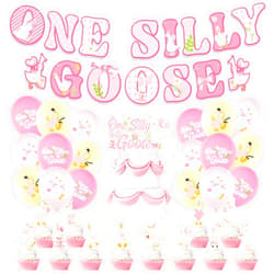 Miraitowa Goose 1st Birthday Party Decoration, Banner, Cake Topper, Cupcake topper, balloon, for Girls Pink Goose First Birthday Decorations Goose Party Supplies
