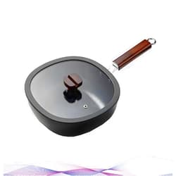 LNTJOQXBM Square Nonstick Iron Wok with Glass Lid, 2QT Coating-Free Stir-Fry Pot, Induction Ready, Japanese Wooden Handle Saucepan (Black, 2QT/9.5in Iron Pan)