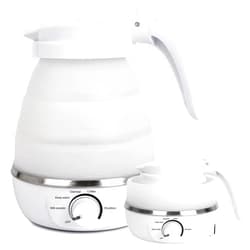 Rzlinn Collapsible Travel Kettle (110V), 600ml Temperature Control Portable Electric Tea Kettle Can Boil Water,Brew Milk, Food Grade Silicone Small Electric Kettle (White)