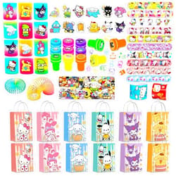 SHUICAO Kitty Party Favors, 110 PCS Kitty Party Supplies include Gift Bags, stamps, Mini Spring Toys, Slap Bracelet, Stickers, Button Pins, Best Gift Bag Filler for Kitty Themed Party