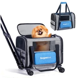BurgeonNest Cat Carrier with Wheels, Pet Carrier for Dogs 25 lbs with Telescopic Handle, Small Dog Carrier with Wheels Removable, Soft Rolling Cat Carrier with Large Pocket for Travel Vet Visits