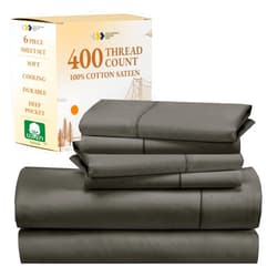 California Design Den 6-Pc Queen Size Sheet Set with 4 Pillowcases - 400 Thread Count 100% Cotton Sheets, Cooling Sateen Weave, Luxury Deep Pocket Bedsheets Set - Grey