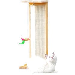 belecoo WAYUTO Solid Wood Cat Scratch Post Corner Cat Scratcher Sisal Sofa Scratcher for Large Cats Vertical Scratching Post Wear-Resistant Scratching Mat with Cat Toys White 9.8 * 25.2