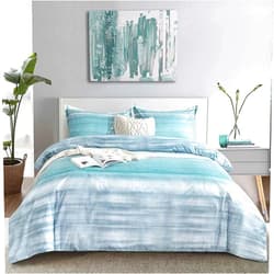 ETDIFFE Teal Duvet Cover Queen Size, 3pc Modern Grey and Blue Gradient Striped Microfiber Comforter Cover Set, Farmhouse Soft and Lightweight Abstract Ombre Pattern Quilt Cover (90x90) for Women Teen