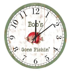 WengBeauty Gone Fishin' with Wood Textures Clock Retro Fish Cutom Name Round Wall Clock 10 Inch Non-Ticking Quartz Battery Operated Wall Clocks Country Rustic Clock for Kitchen Bathroom Bedroom Home