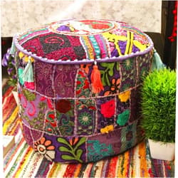 Marubhumi Indian Patchwork Pouf Cover Indian Living Room Pouf, Decorative Ottoman,Embroidered Designer Ottoman, Home Living Footstool Chair Cover, Bohemian Ottoman Pouf Decor (Purple)