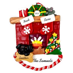 Calliope Designs Family of 2-6 People with Black Dog by The Fireplace Personalized Christmas Ornament Labrador Retriever, Kelpie, German Pinscher, Newfoundland (Family of 2)